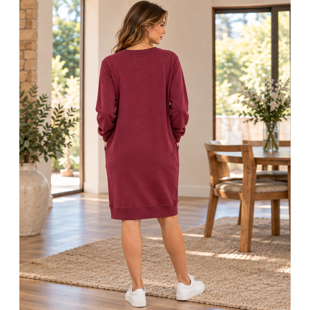 PACT Burgundy Sweatshirt Dress Long Sleeve Pockets Organic Cotton XL Minimalist - Picture 4 of 8